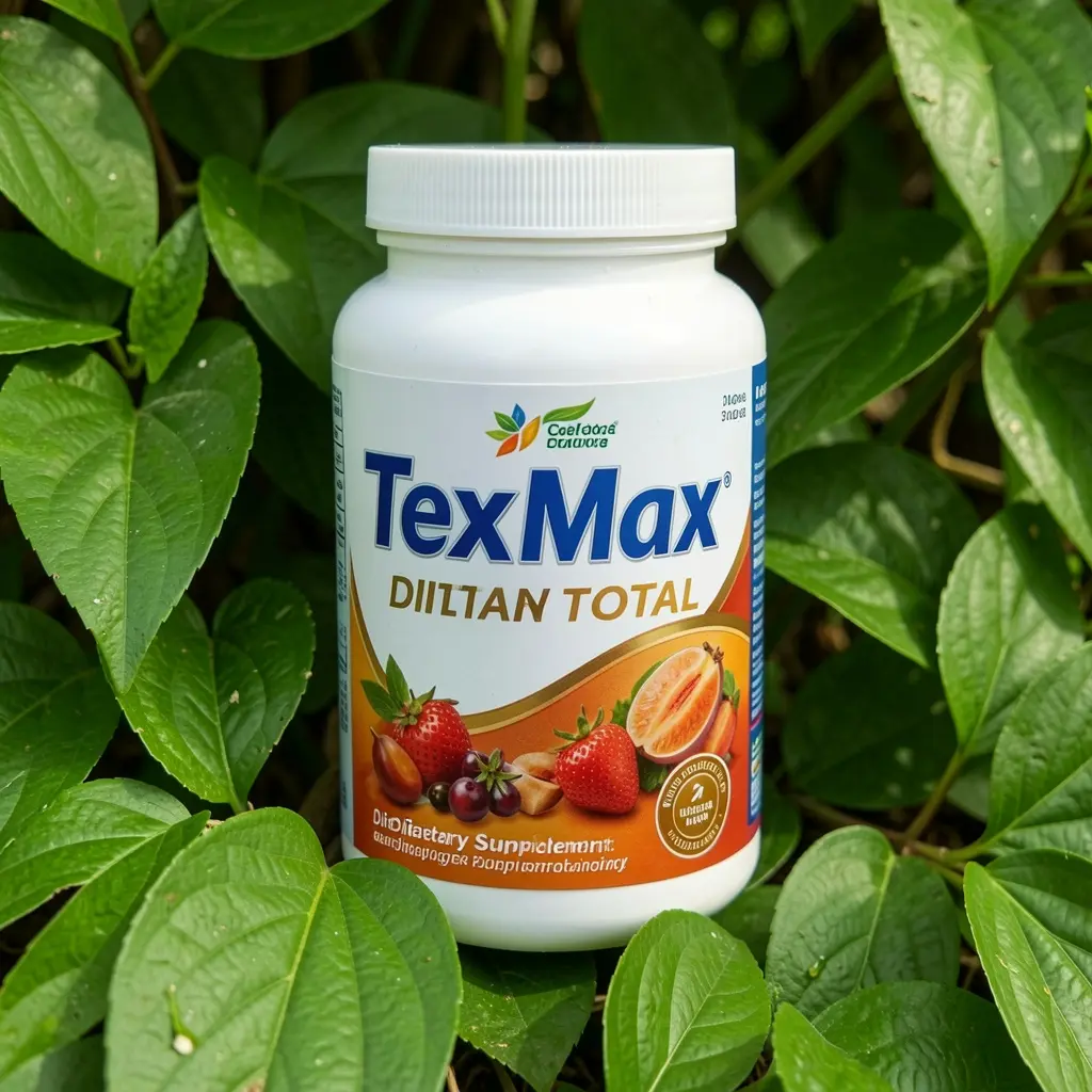 TexMax Total dietary supplement bottle displayed on a natural background with green leaves